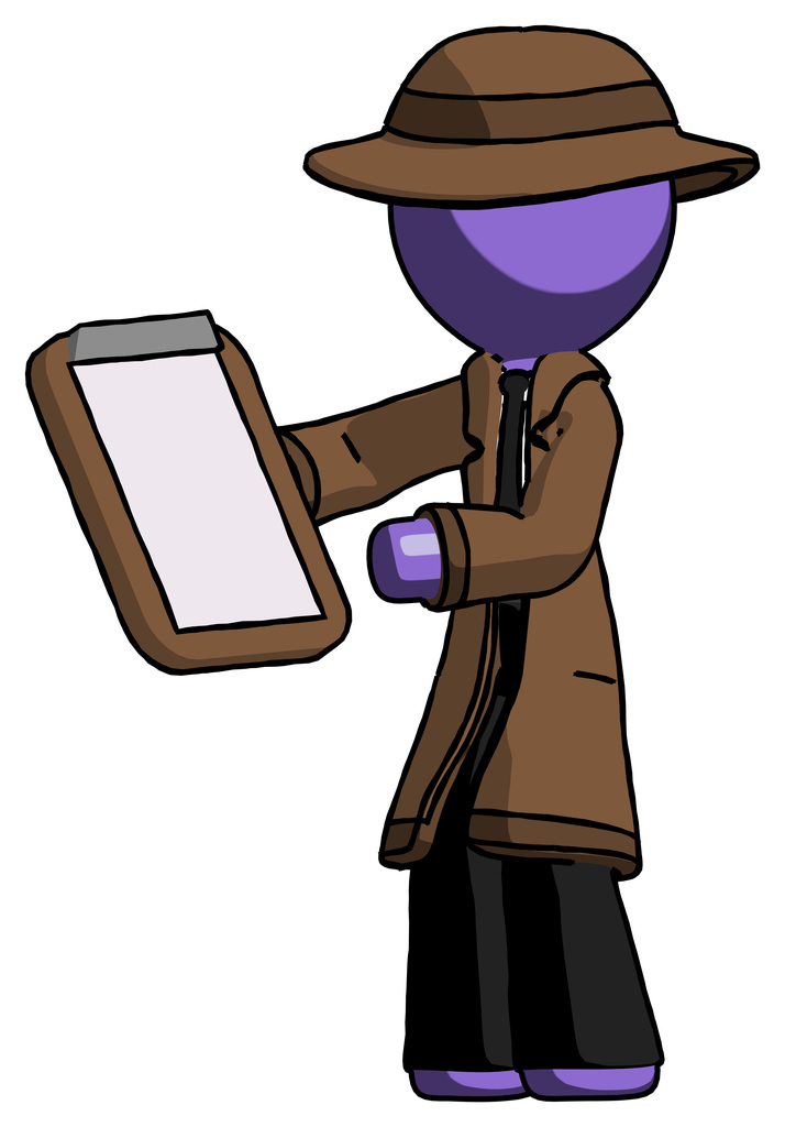 Purple Detective Man Reviewing Stuff On Clipboard