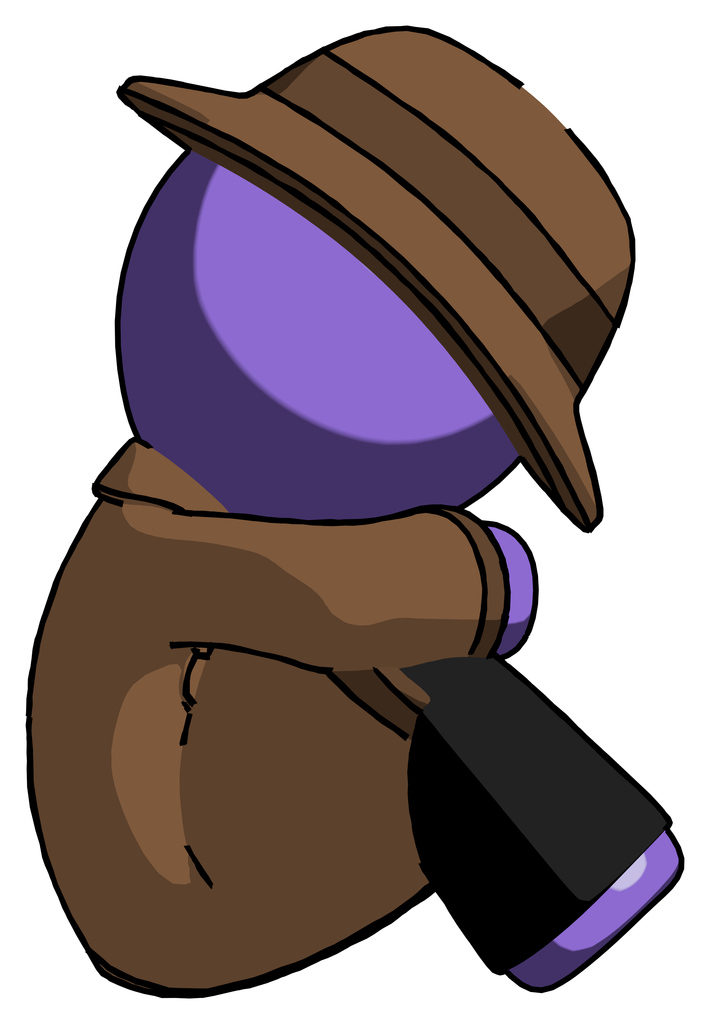 Purple Detective Man Sitting with Head Down Facing Sideways Right