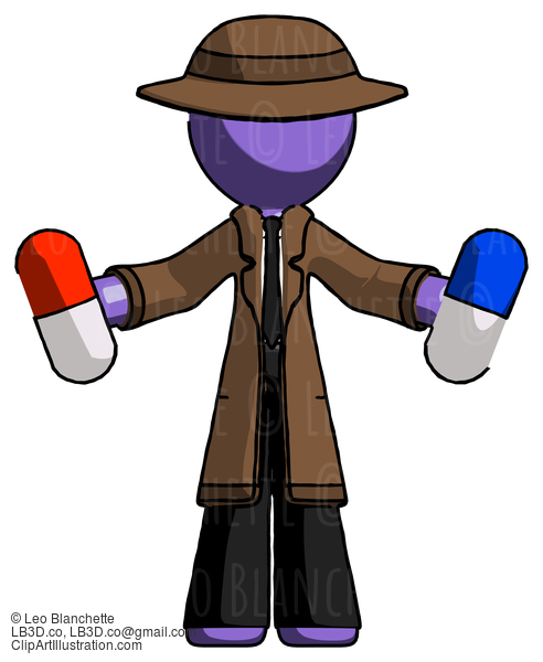 Purple Detective Man Holding A Red Pill And Blue Pill #2981