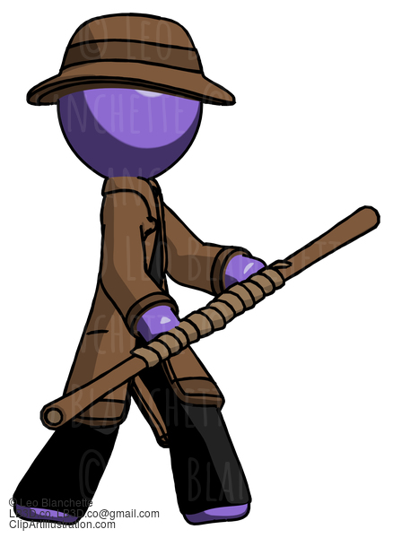 Purple Detective Man Holding Bo Staff In Sideways Defense Pose #2982