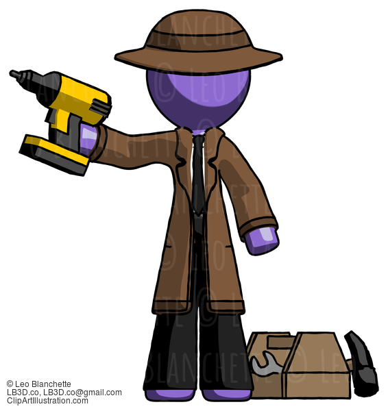 Purple Detective Man Holding Drill Ready To Work, Toolchest And Tools To Right #2989