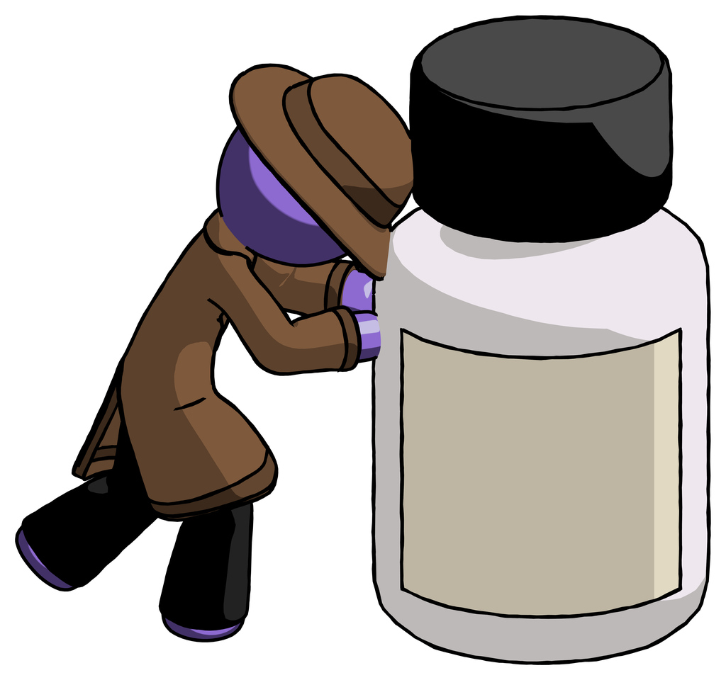 Purple Detective Man Pushing Large Medicine Bottle