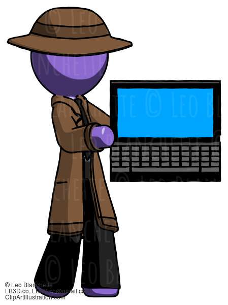 Purple Detective Man Holding Laptop Computer Presenting Something On Screen #2998