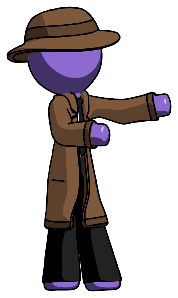 Purple Detective man presenting something to his left