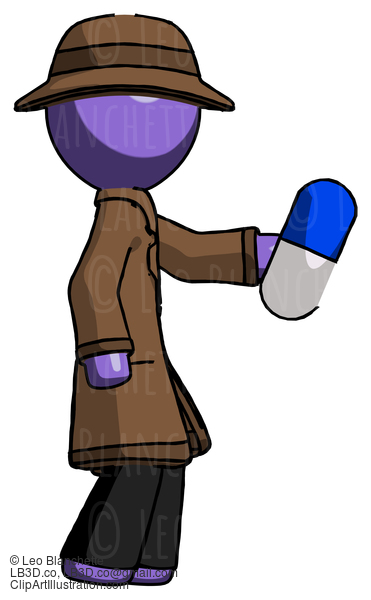 Purple Detective Man Holding Blue Pill Walking To Right #3009