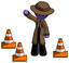 Purple Detective Man Standing By Traffic Cones Waving