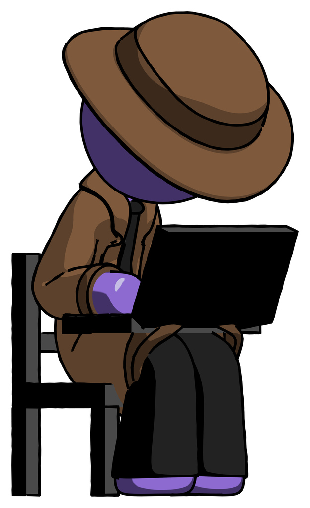 Purple Detective Man using laptop computer while sitting in chair angled right