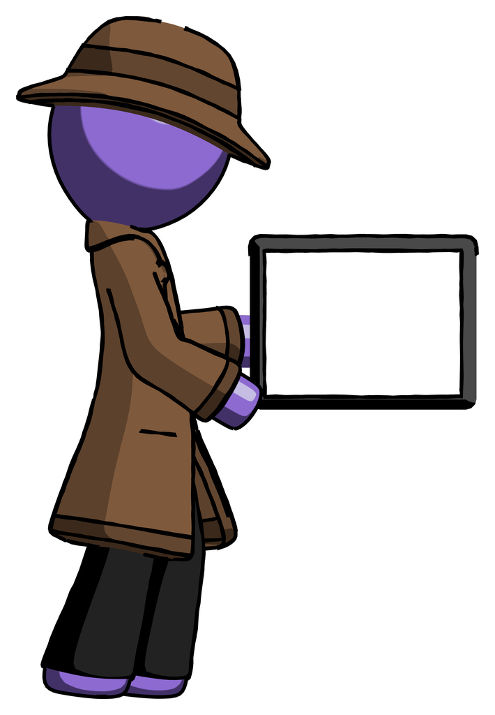 Purple Detective Man show tablet device computer to viewer, blank area