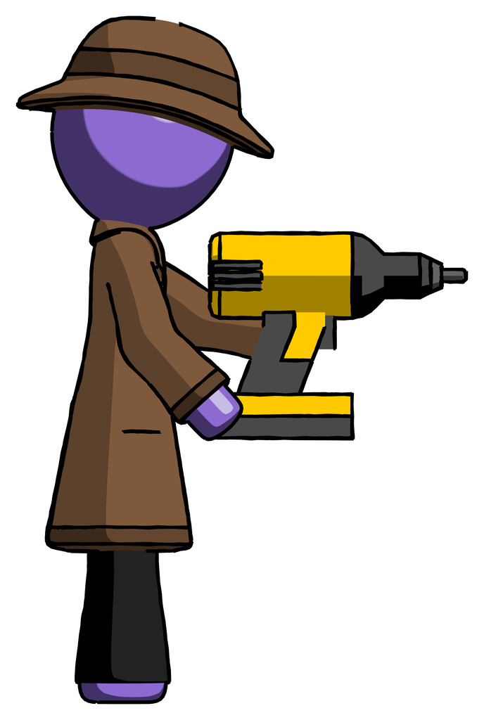 Purple Detective Man Using Drill Drilling Something On Right Side