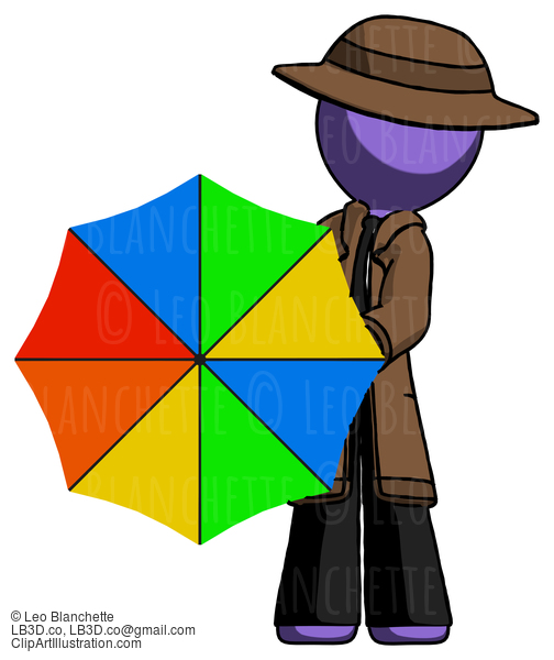 Purple Detective Man Holding Rainbow Umbrella Out To Viewer #3031