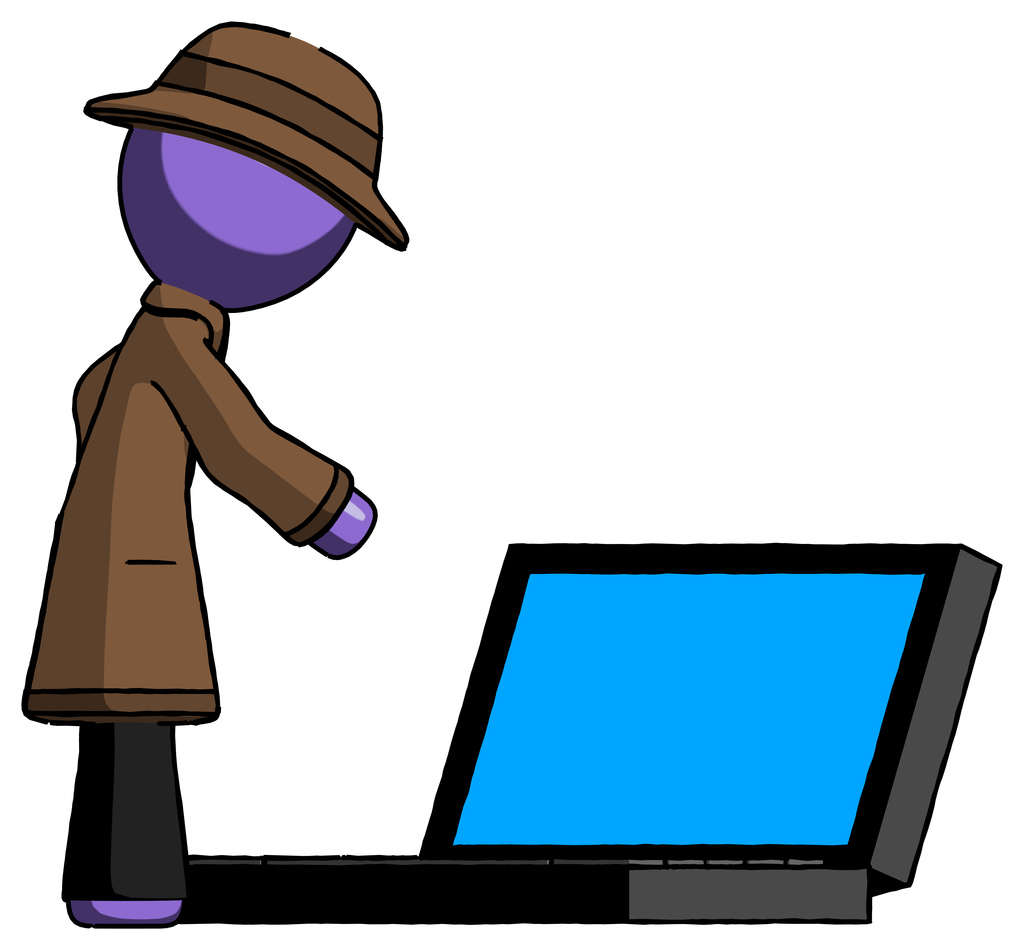 Purple Detective Man using large laptop computer side orthographic view