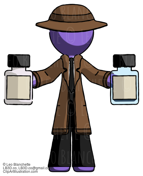 Purple Detective Man Holding Two Medicine Bottles #3041