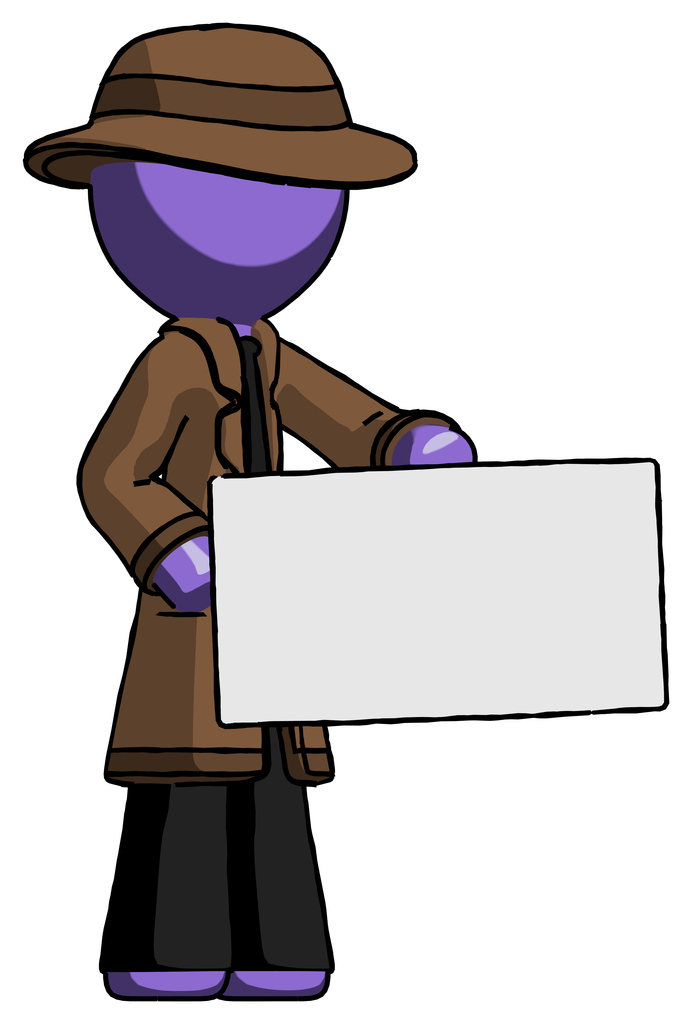 Purple Detective Man presenting large envelope