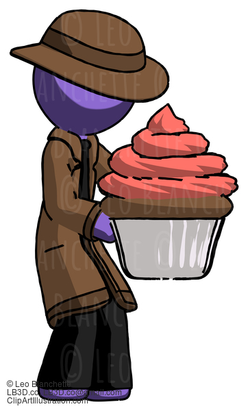 Purple Detective Man Holding Large Cupcake Ready To Eat Or Serve #3051