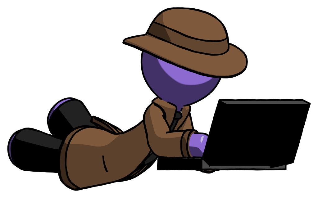 Purple Detective Man using laptop computer while lying on floor side angled view