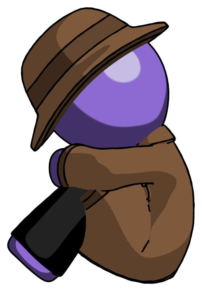 Purple Detective Man Sitting with Head Down Facing Sideways Left