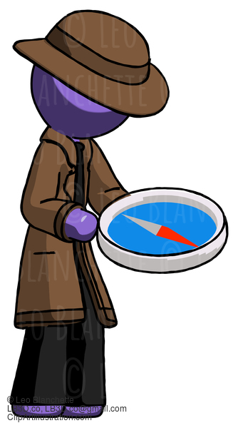 Purple Detective Man Looking At Large Compass Facing Right #3084