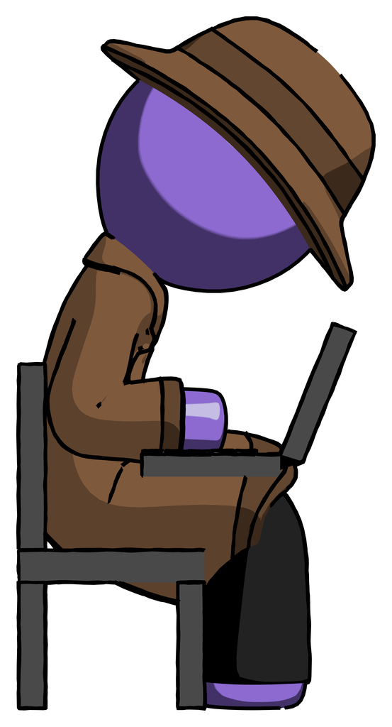 Purple Detective Man using laptop computer while sitting in chair view from side
