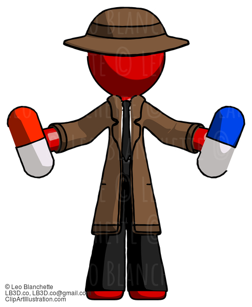 Red Detective Man Holding A Red Pill And Blue Pill #2198