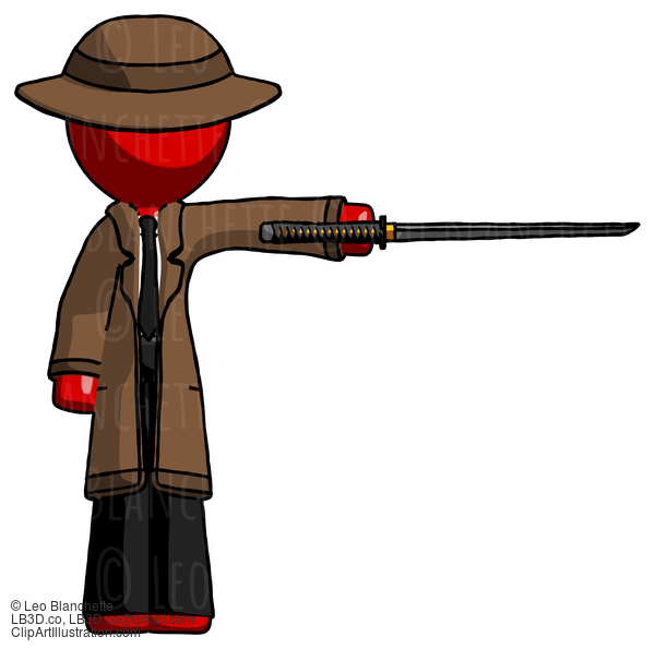 Red Detective Man Standing With Ninja Sword Katana Pointing Right #2202