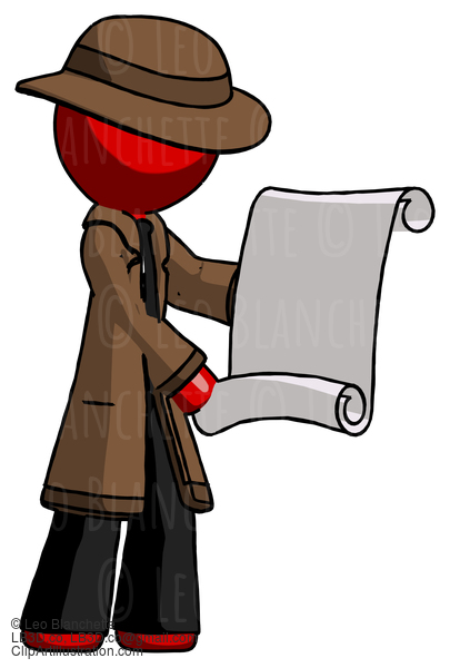 Red Detective Man Holding Blueprints Or Scroll #2204