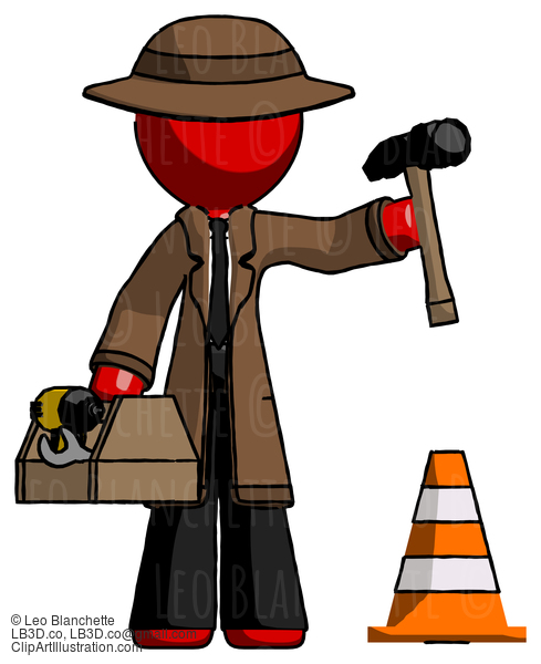 Red Detective Man Under Construction Concept, Traffic Cone And Tools #2207