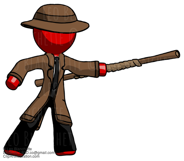 Red Detective Man Bo Staff Pointing Right Kung Fu Pose #2216