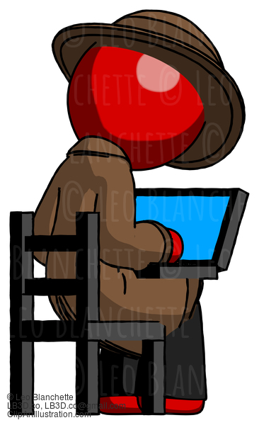 Red Detective Man Using Laptop Computer While Sitting In Chair View From Back #2218