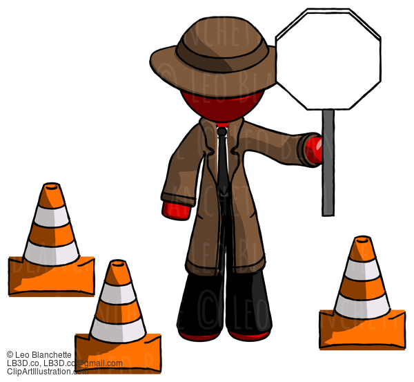 Red Detective Man Holding Stop Sign By Traffic Cones Under Construction Concept #2219