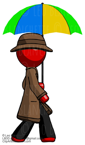 Red Detective Man Walking With Colored Umbrella #2234