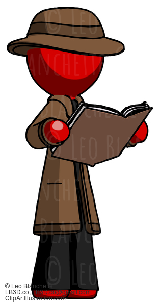 Red Detective Man Reading Book While Standing Up Facing Away #2236