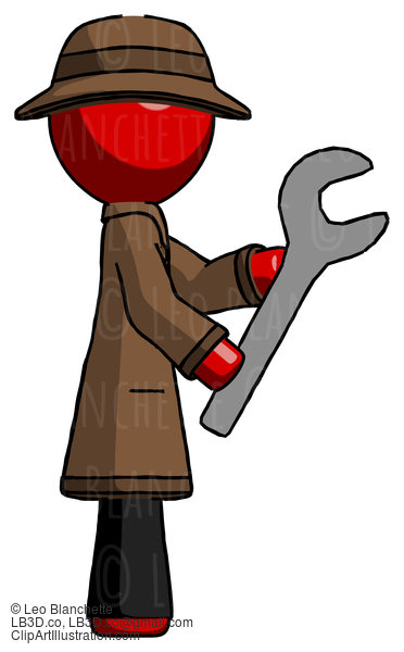 Red Detective Man Using Wrench Adjusting Something To Right #2238