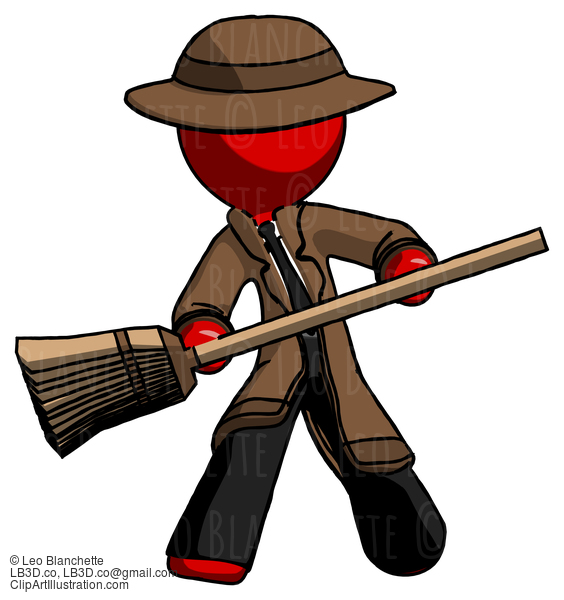 Red Detective Man Broom Fighter Defense Pose #2241