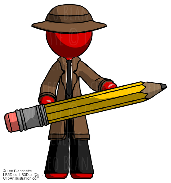 Red Detective Man Writer Or Blogger Holding Large Pencil #2243