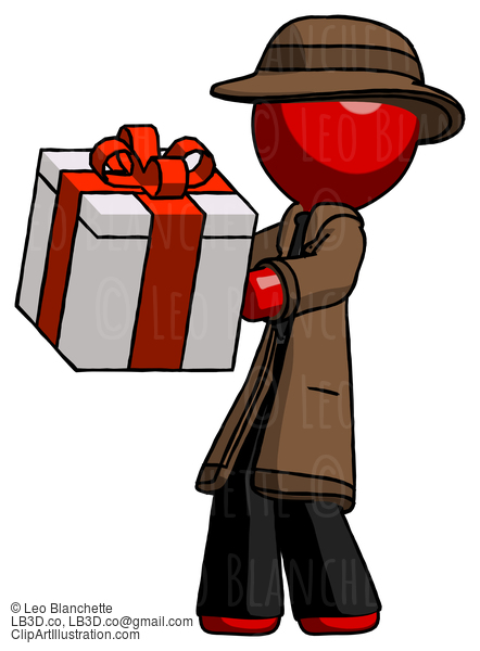 Red Detective Man Presenting A Present With Large Red Bow On It #2245