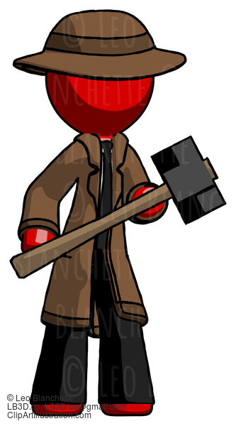 Red Detective Man With Sledgehammer Standing Ready To Work Or Defend #2257