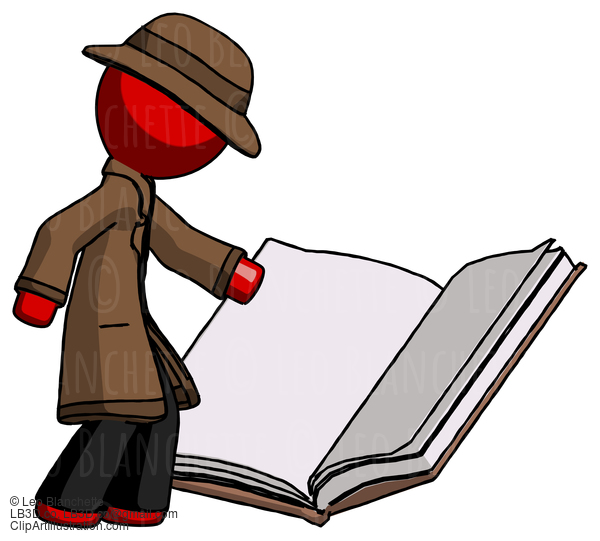 Red Detective Man Reading Big Book While Standing Beside It #2261