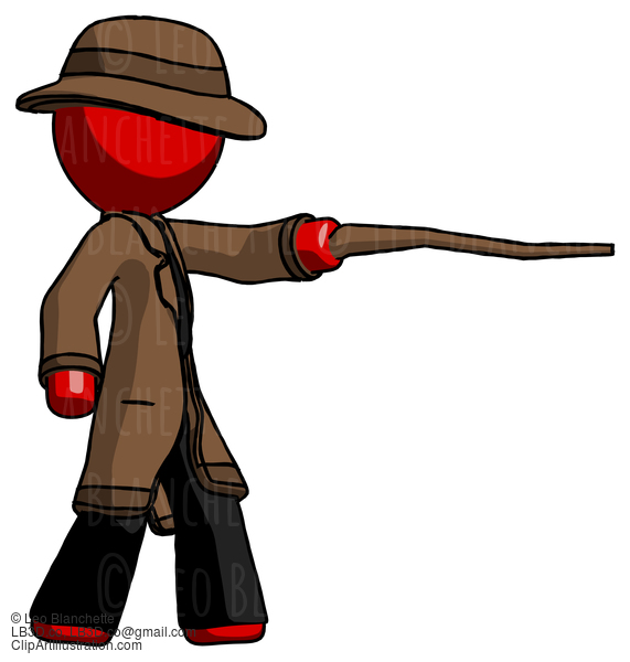 Red Detective Man Pointing With Hiking Stick #2263