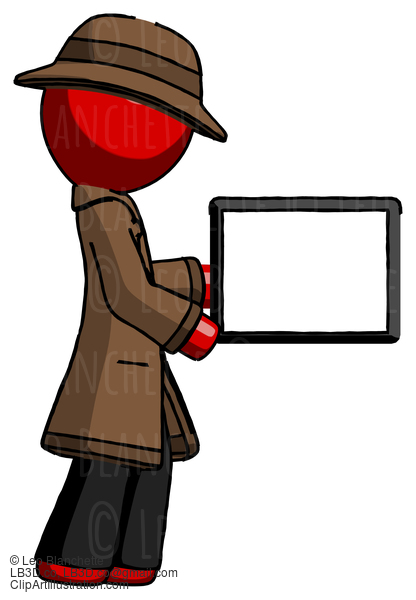 Red Detective Man Show Tablet Device Computer To Viewer, Blank Area #2267