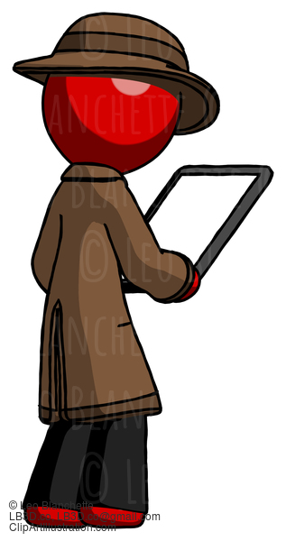 Red Detective Man Looking At Tablet Device Computer Facing Away #2272