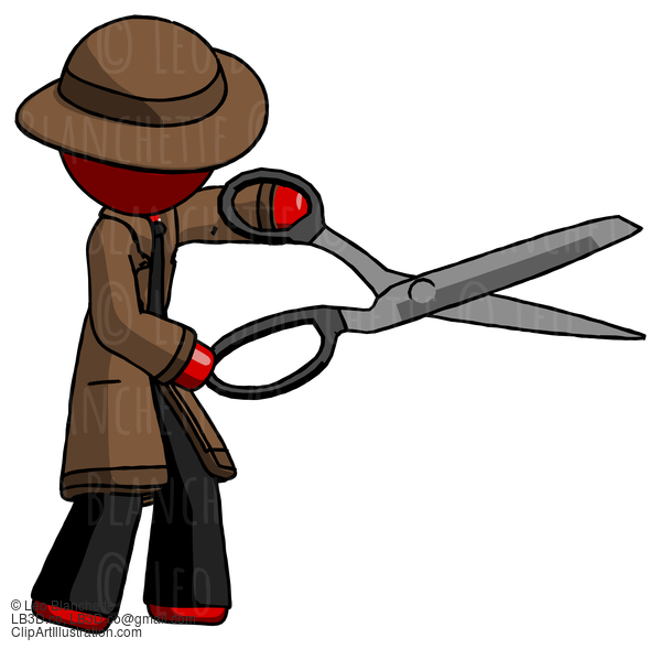 Red Detective Man Holding Giant Scissors Cutting Out Something #2275