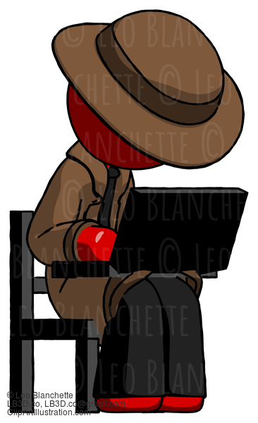 Red Detective Man Using Laptop Computer While Sitting In Chair Angled Right #2276