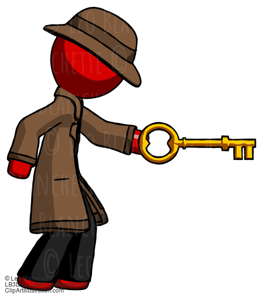 Red Detective Man With Big Key Of Gold Opening Something #2283