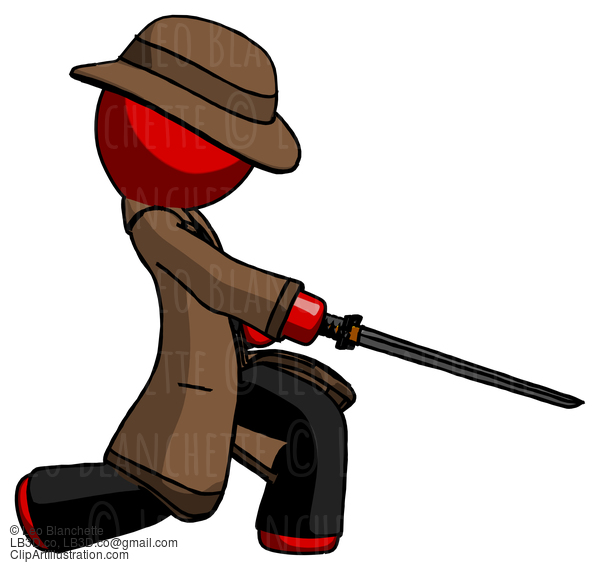 Red Detective Man With Ninja Sword Katana Slicing Or Striking Something #2286