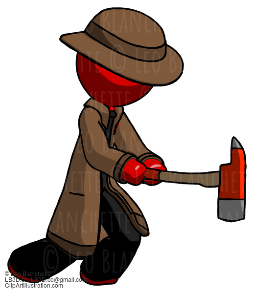 Red Detective Man With Ax Hitting, Striking, Or Chopping #2290