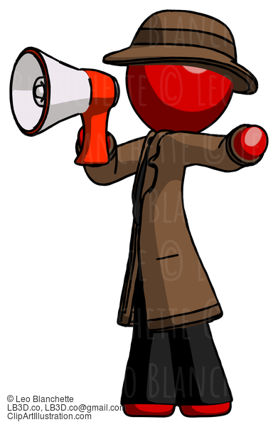 Red Detective Man Shouting Into Megaphone Bullhorn Facing Left #2293