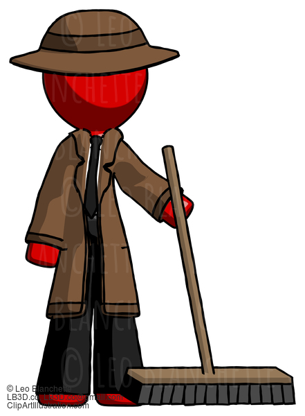 Red Detective Man Standing With Industrial Broom #2294