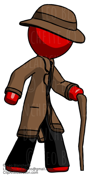 Red Detective Man Walking With Hiking Stick #2297