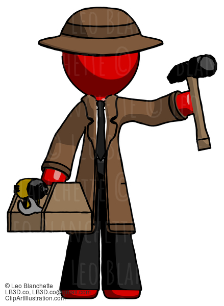 Red Detective Man Holding Tools And Toolchest Ready To Work #2301