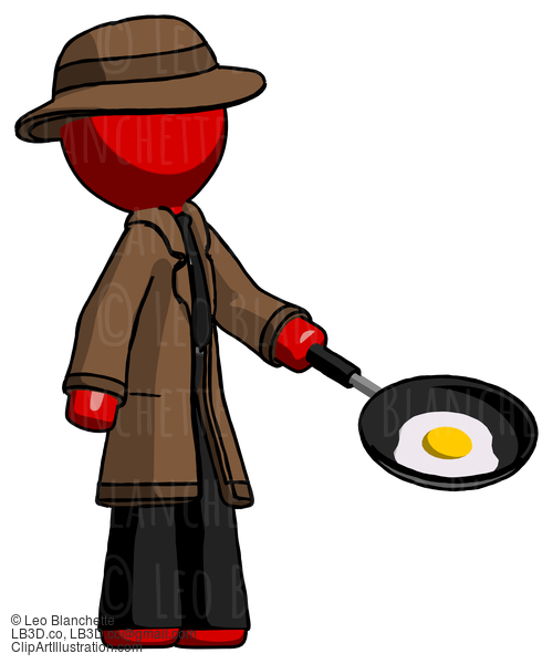 Red Detective Man Frying Egg In Pan Or Wok Facing Right #2303